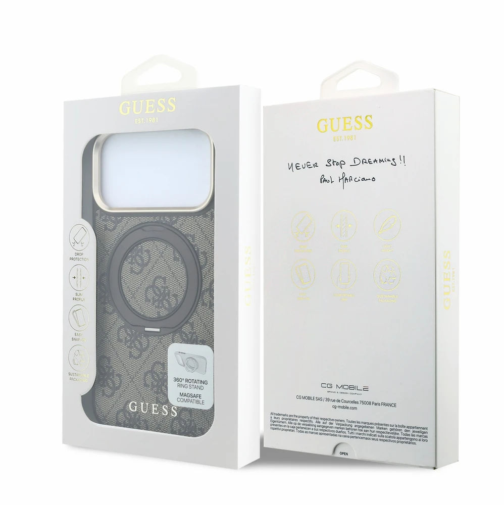 Dėklas Guess PU 4G Ring Stand MagSafe Case for iPhone 18 Pro Max Brown