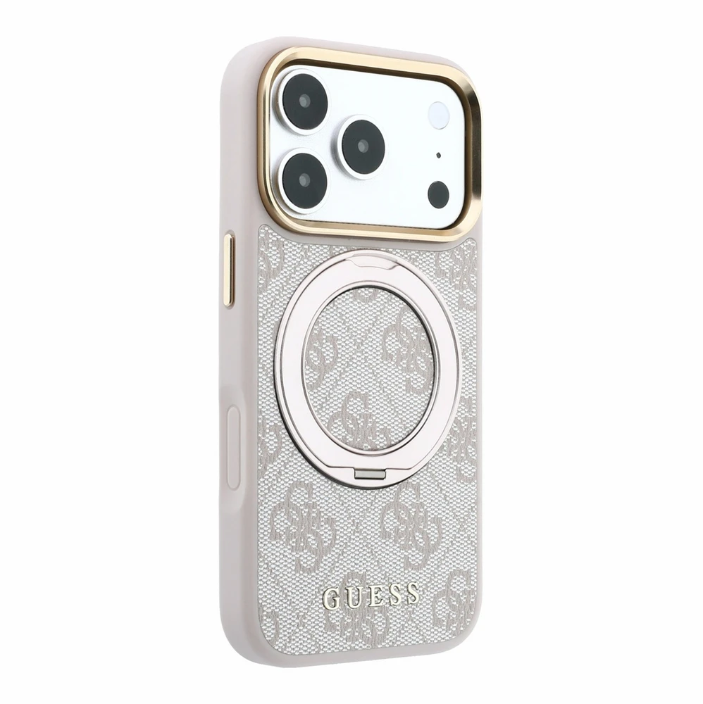 Guess PU 4G Ring Stand MagSafe dėklas skirtas iPhone 18 Pro rožinės spalvos