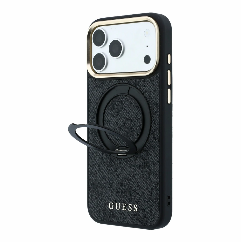 Dėklas Guess Ring Stand 360 4G Classic Logo MagSafe Case for iPhone 17 Pro / 18 Pro - Juodas