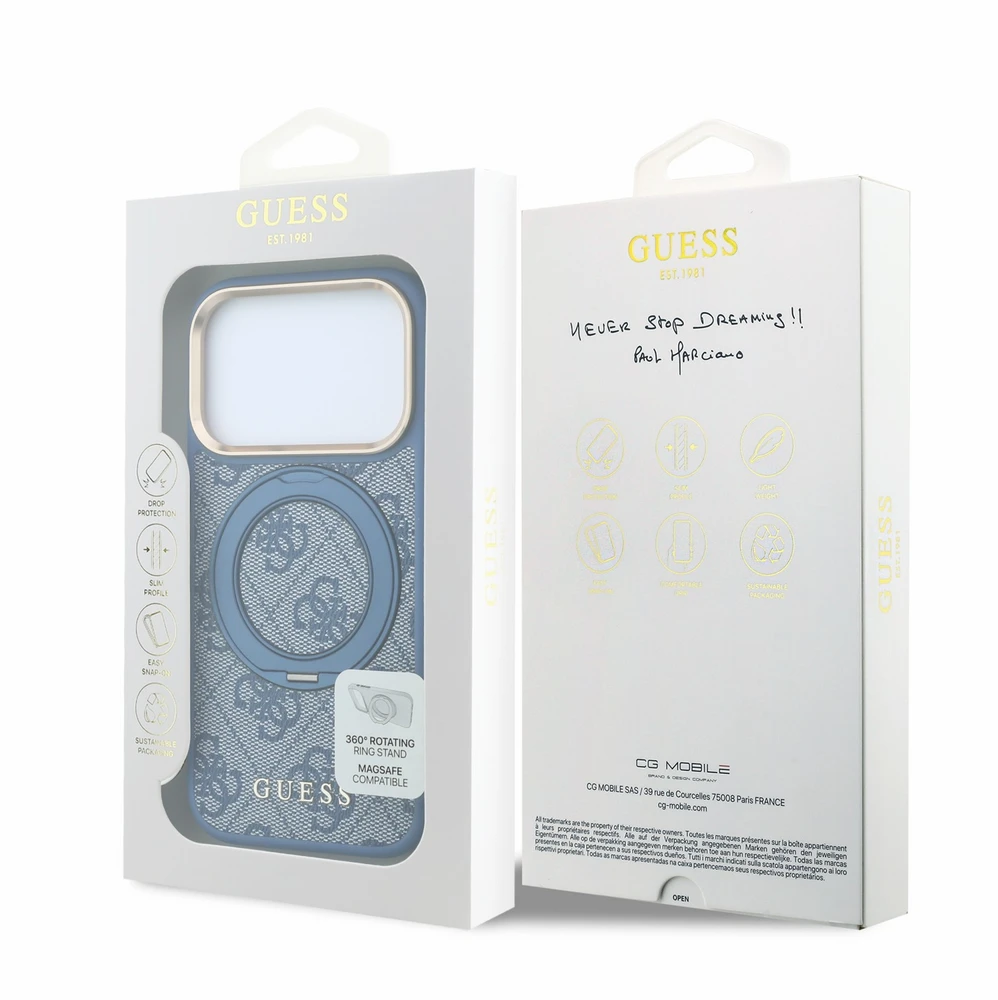 Guess PU 4G Ring Stand MagSafe dėklas skirtas iPhone 18 Pro Max Mėlyna