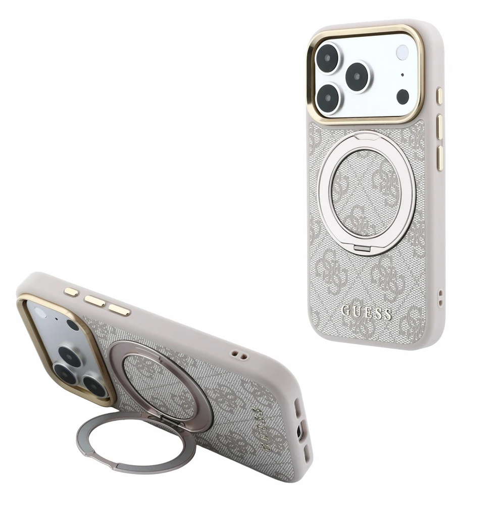 Guess PU 4G Ring Stand MagSafe dėklas skirtas iPhone 18 Pro rožinės spalvos