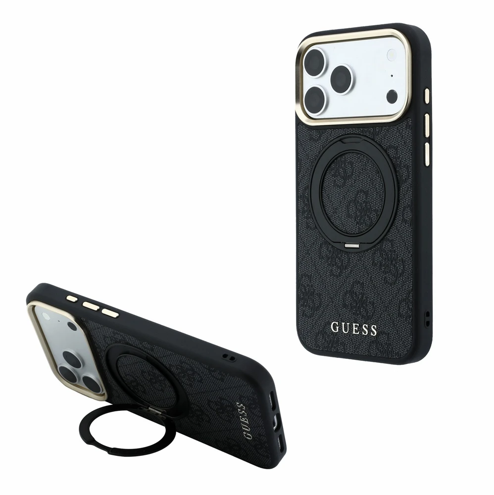 Dėklas Guess Ring Stand 360 4G Classic Logo MagSafe Case for iPhone 17 Pro / 18 Pro - Juodas