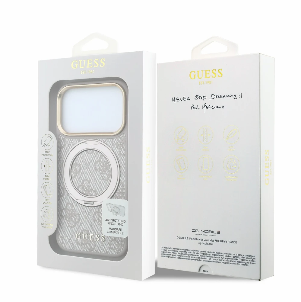 Guess PU 4G Ring Stand MagSafe dėklas skirtas iPhone 18 Pro rožinės spalvos