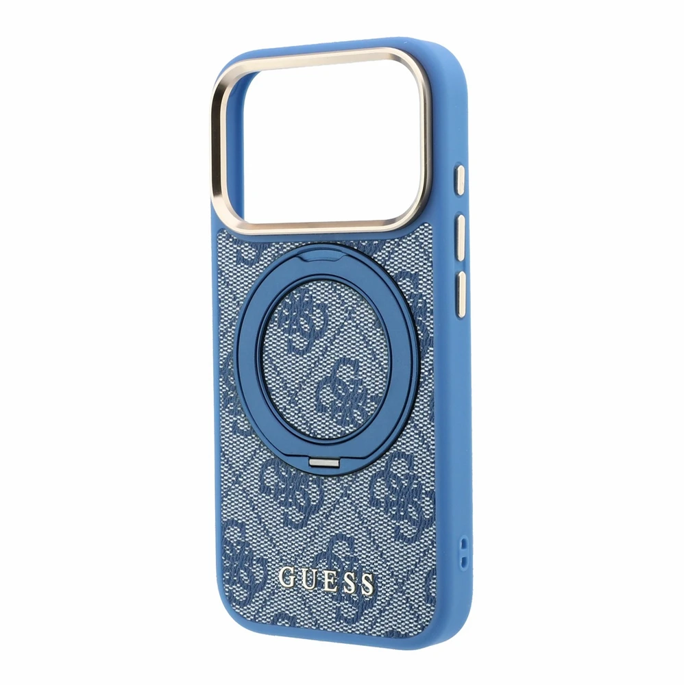 Guess PU 4G Ring Stand MagSafe dėklas skirtas iPhone 18 Pro Max Mėlyna