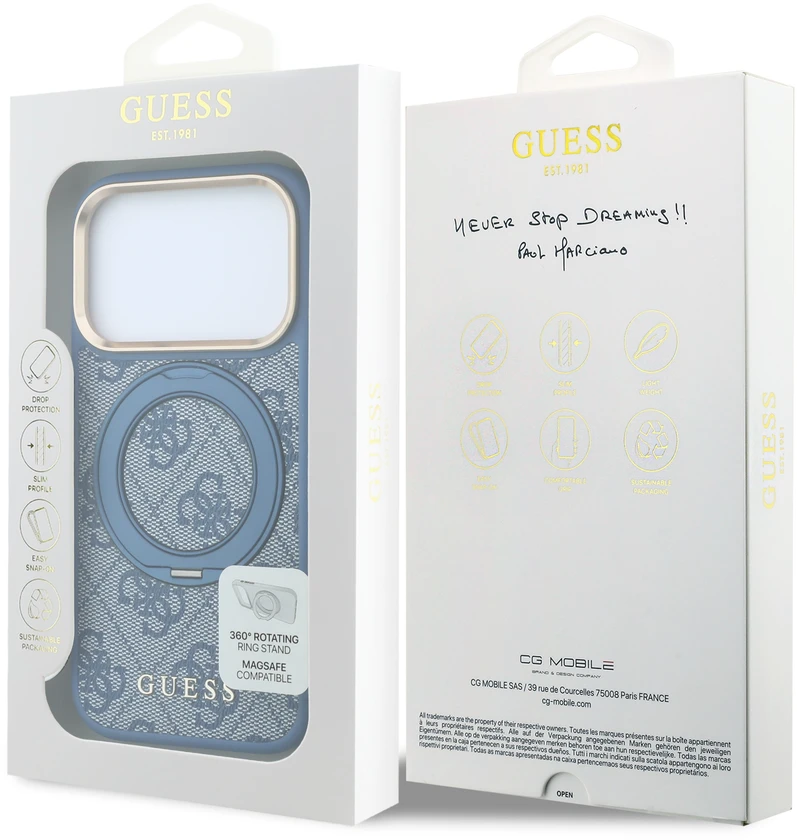 Dėklas Guess PU 4G Ring Stand MagSafe Case, skirtas iPhone 18 Pro, mėlynas