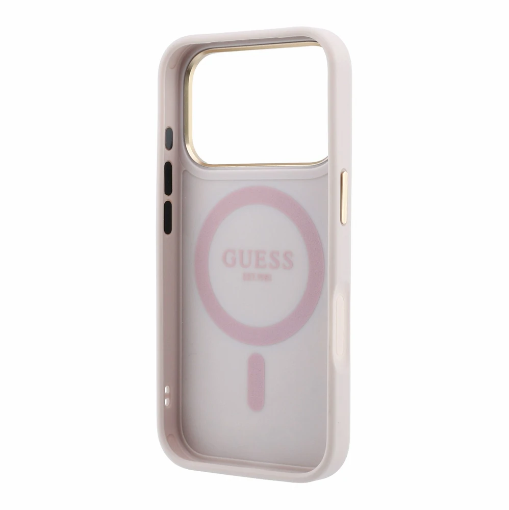 Guess PU 4G Ring Stand MagSafe dėklas skirtas iPhone 18 Pro rožinės spalvos