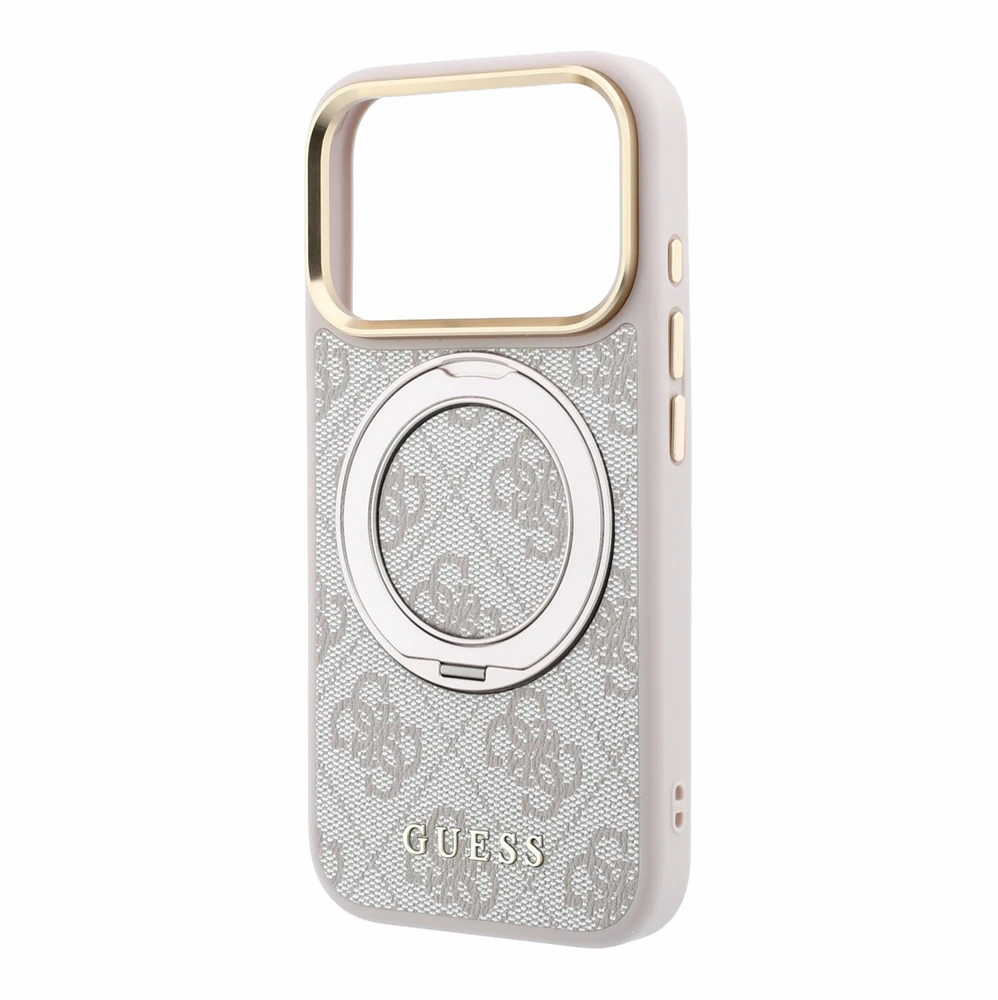 Guess PU 4G Ring Stand MagSafe dėklas skirtas iPhone 18 Pro rožinės spalvos