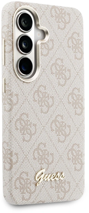 Guess PU 4G Script Metal Logo magnetinis dėklas skirtas Samsung Galaxy S26 rožinės spalvos
