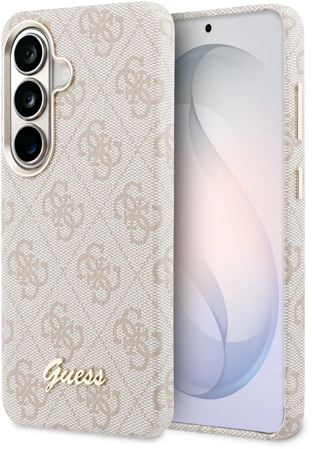 Guess PU 4G Script Metal Logo magnetinis dėklas skirtas Samsung Galaxy S26 rožinės spalvos