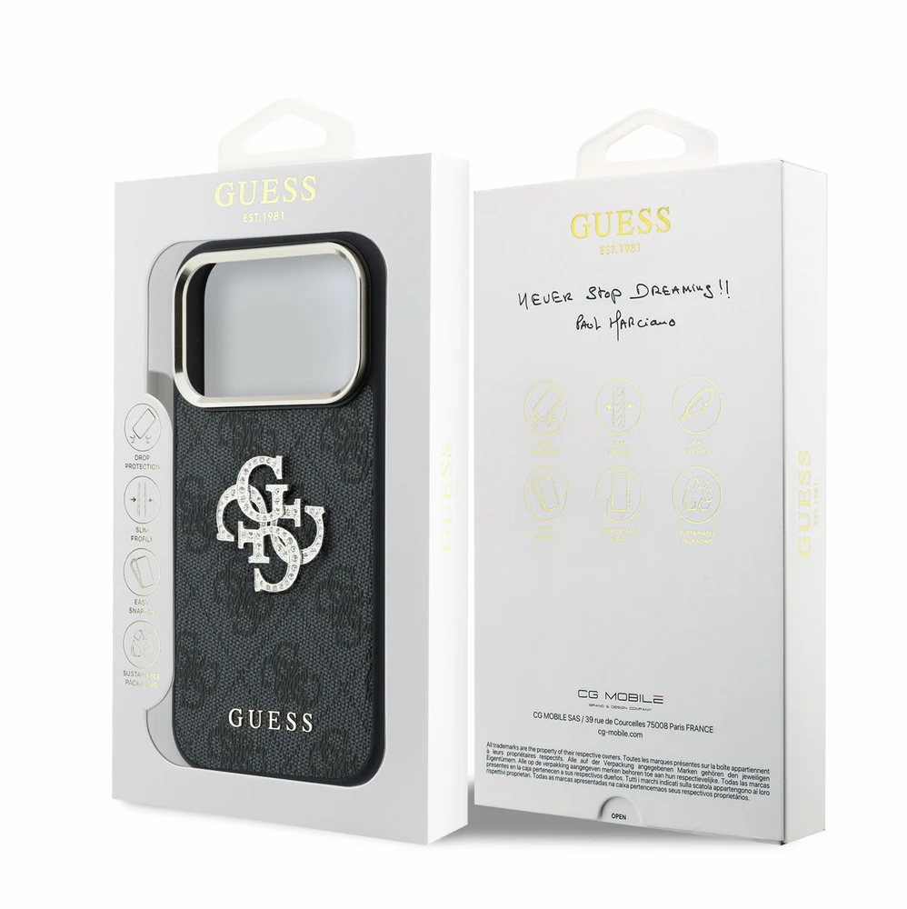Dėklas Guess PU 4G Strass Metal Logo Case for iPhone 18 Pro Juodas