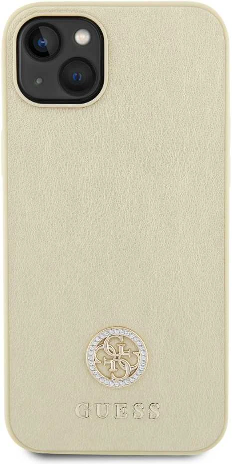 Guess GUHCP15SPS4DGPD iPhone 15 6.1" zoty/auksinis kietas dėklas, odinis 4G metalinis logotipas Strass