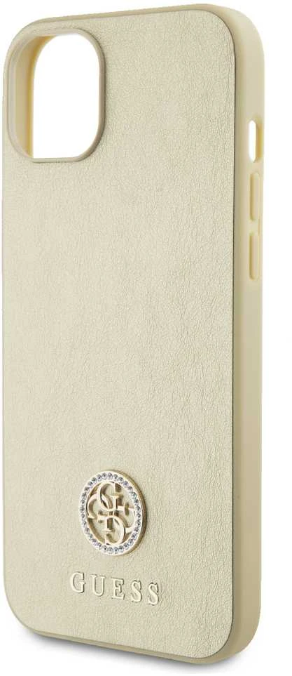 Guess GUHCP15SPS4DGPD iPhone 15 6.1" zoty/auksinis kietas dėklas, odinis 4G metalinis logotipas Strass