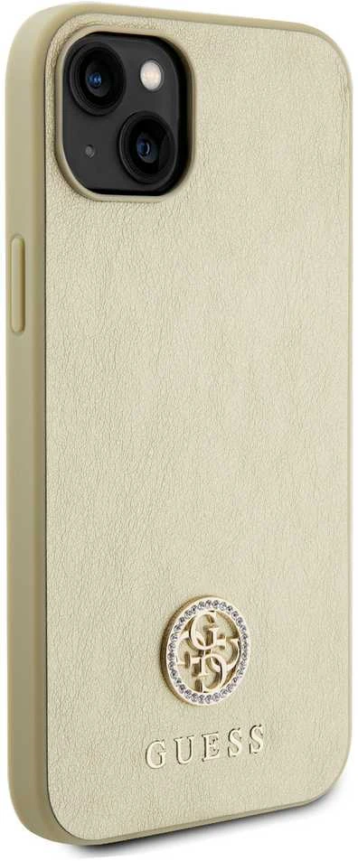 Guess GUHCP15SPS4DGPD iPhone 15 6.1" zoty/auksinis kietas dėklas, odinis 4G metalinis logotipas Strass