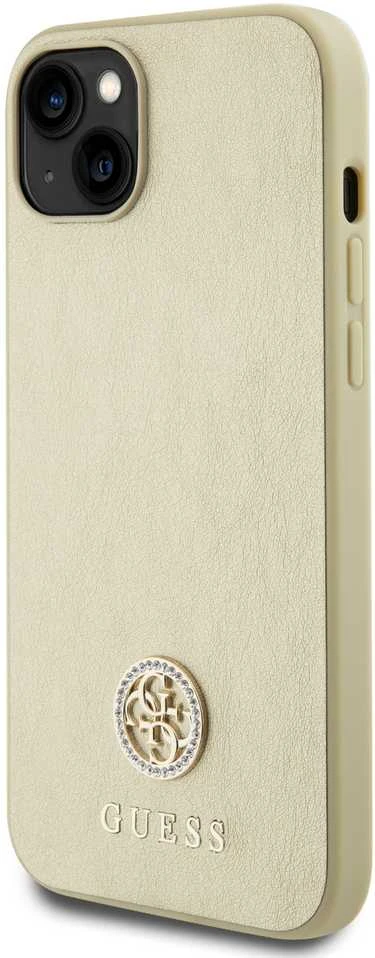 Guess GUHCP15SPS4DGPD iPhone 15 6.1" zoty/auksinis kietas dėklas, odinis 4G metalinis logotipas Strass