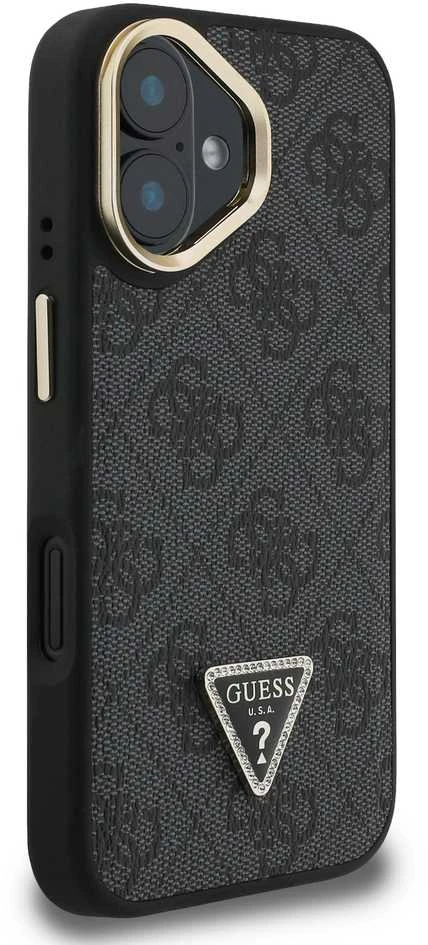 Guess PU 4G Strass Triangle Logo Stand Camera Frame MagSafe dėklas skirtas Apple iPhone 16 juodos spalvos