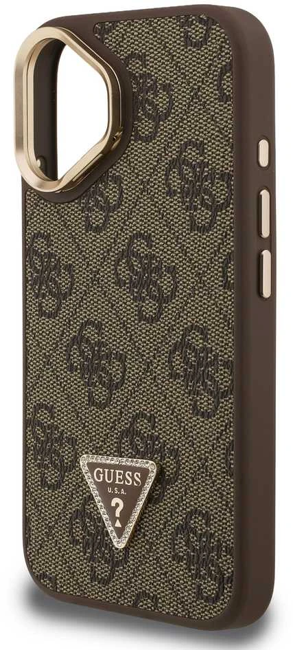 Guess PU 4G Strass Triangle Logo Stand Camera Frame MagSafe dėklas skirtas Apple iPhone 16 rudos spalvos