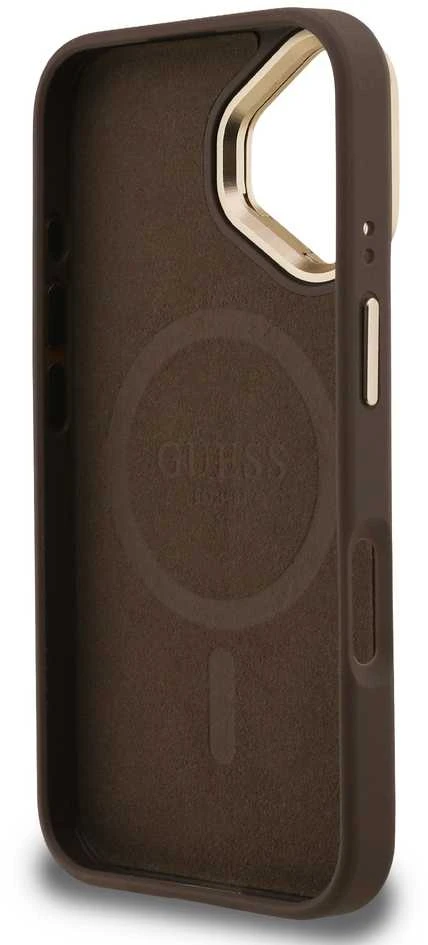 Guess PU 4G Strass Triangle Logo Stand Camera Frame MagSafe dėklas skirtas Apple iPhone 16 rudos spalvos