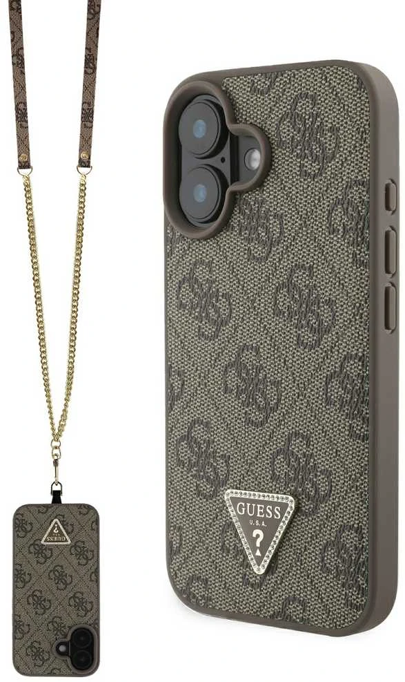 Apple iPhone 16 Guess Leather Metal Logo Strass Crossbody + Dirželis (GUHCP16SP4TDSCPW) dėklas telefonui rudos spalvos