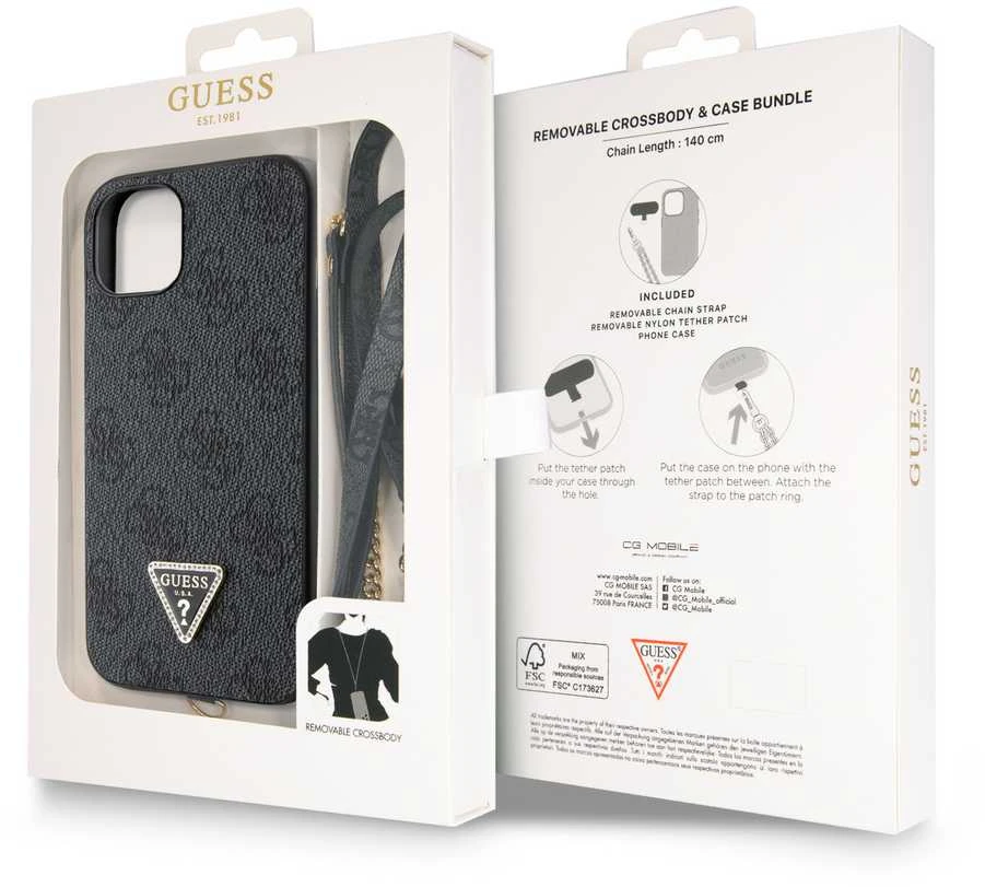 Guess GUHCP15SP4TDSCPK Apple iPhone 15 / 14 / 13 6.1″ juodos spalvos kietas dėklas Crossbody 4G Metal Logo