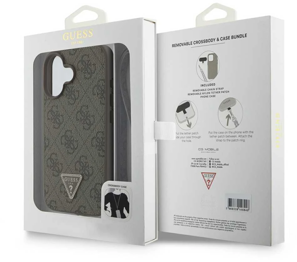 Apple iPhone 16 Guess Leather Metal Logo Strass Crossbody + Dirželis (GUHCP16SP4TDSCPW) dėklas telefonui rudos spalvos