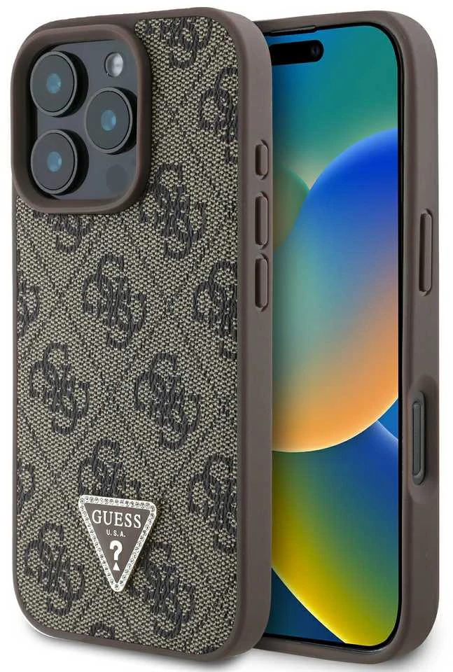 Guess Leather 4G Triangle Strass MagSafe Apple iPhone 16 Pro Max – dėklas telefonui rudos spalvos