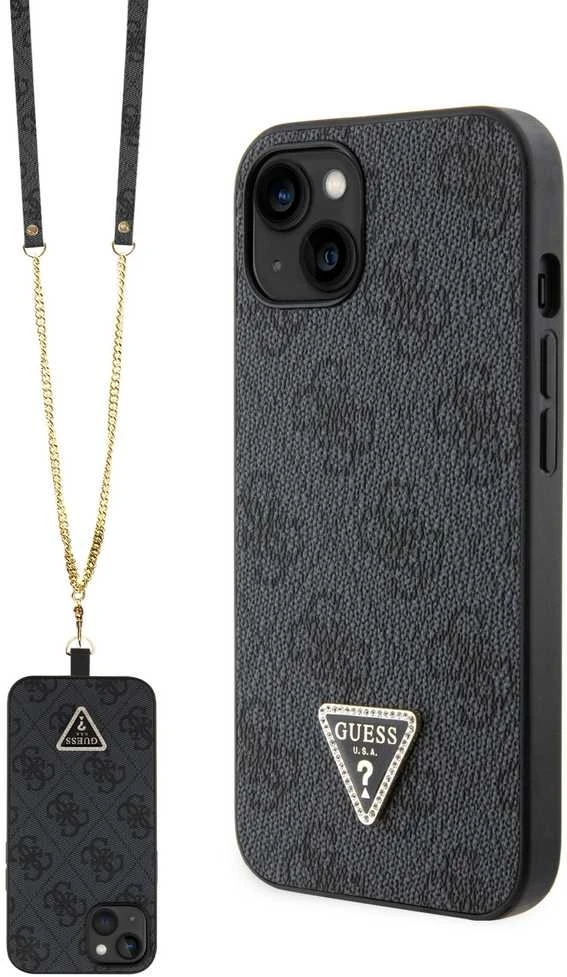 Guess GUHCP15SP4TDSCPK Apple iPhone 15 / 14 / 13 6.1″ juodos spalvos kietas dėklas Crossbody 4G Metal Logo