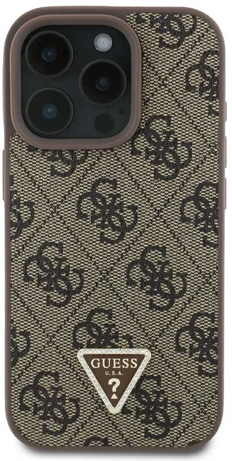 Guess Leather 4G Triangle Strass MagSafe Apple iPhone 16 Pro Max – dėklas telefonui rudos spalvos