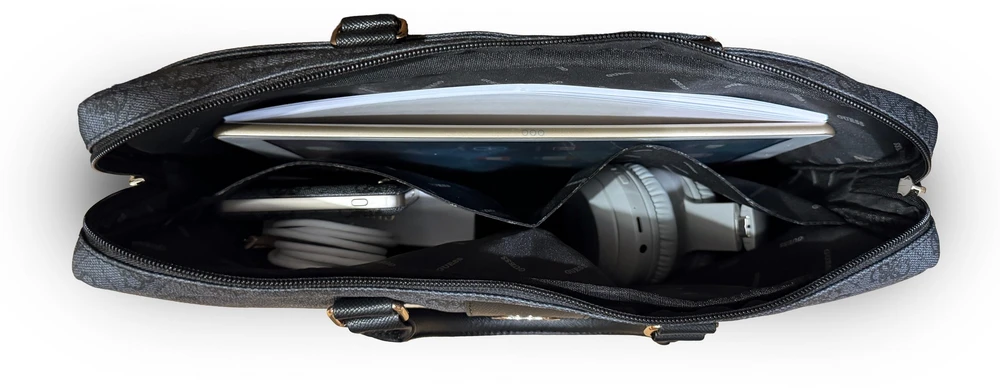 Guess PU 4G Stripe Metal Logo kompiuterio krepšys 14" juodas
