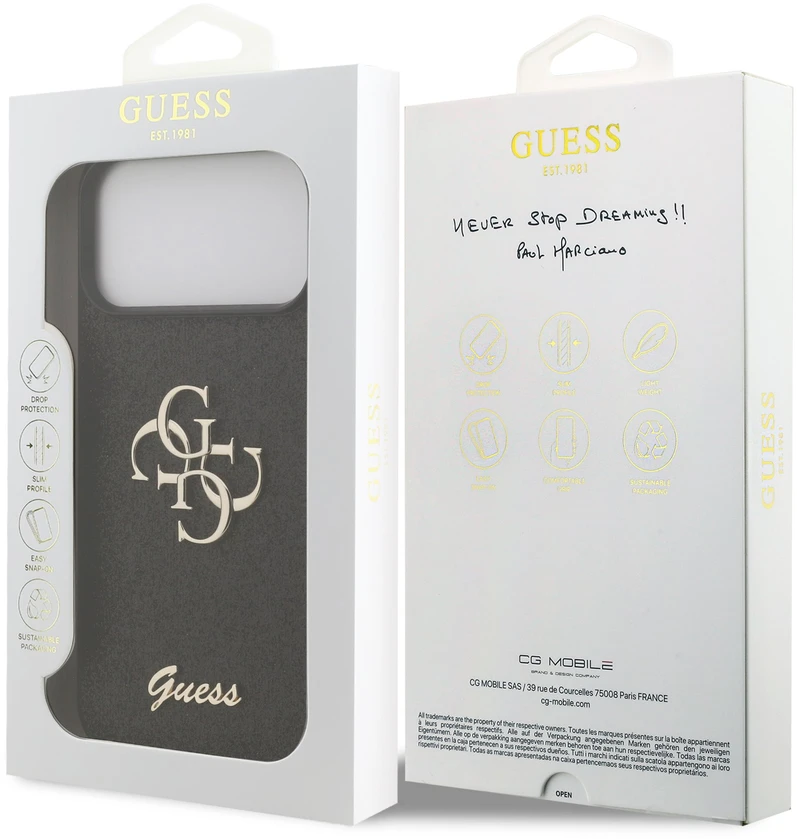 Guess PU fiksuotas blizgučių 4G metalinis logotipo dėklas, skirtas iPhone 18 Pro Max, juodas