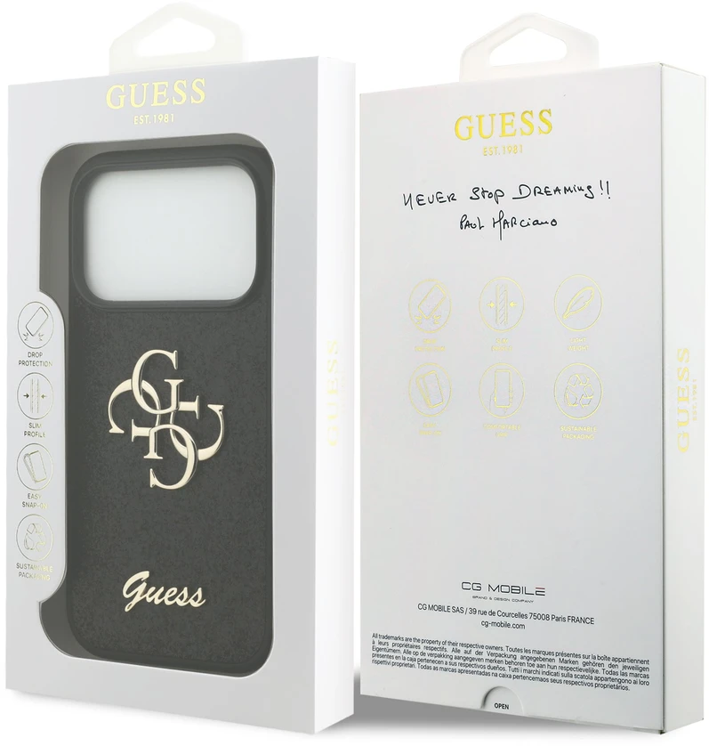 Dėklas Guess PU Fixed Glitter 4G Metal Logo Case for iPhone 18 Pro Juodas