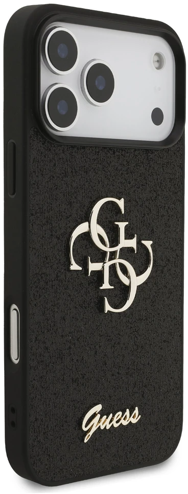 Guess PU fiksuotas blizgučių 4G metalinis logotipo dėklas, skirtas iPhone 18 Pro Max, juodas