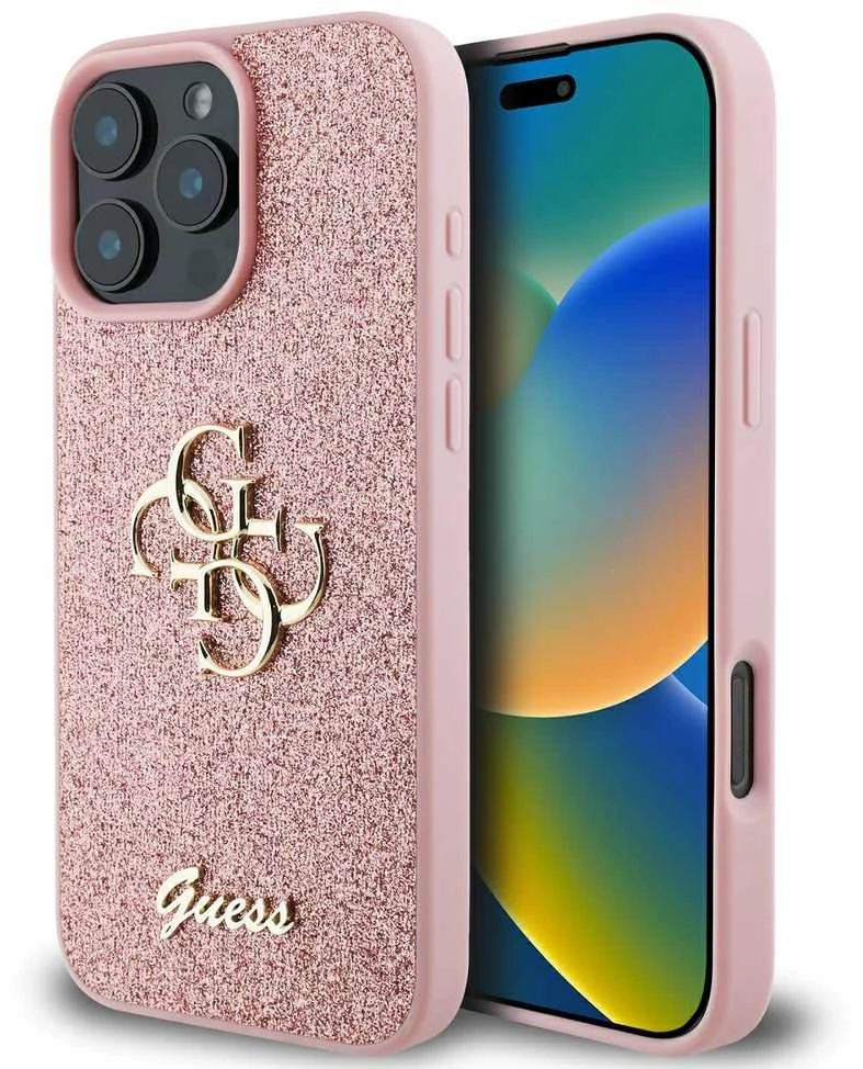 Guess Fixed Glitter Big 4G Apple iPhone 16 Pro – dėklas telefonui rožinės spalvos