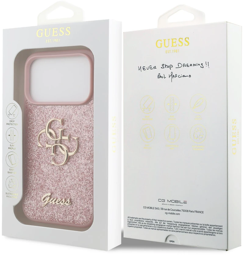 Dėklas Guess PU Fixed Glitter 4G Metal Logo Case for iPhone 18 Pro Rožinė