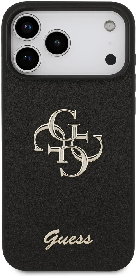 Guess PU fiksuotas blizgučių 4G metalinis logotipo dėklas, skirtas iPhone 18 Pro Max, juodas