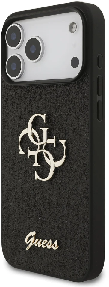 Guess PU fiksuotas blizgučių 4G metalinis logotipo dėklas, skirtas iPhone 18 Pro Max, juodas