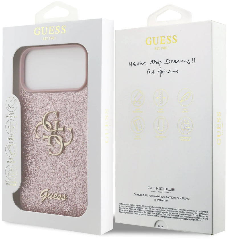 Dėklas Guess PU Fixed Glitter 4G Metal Logo Case for iPhone 18 Pro Max Rožinė