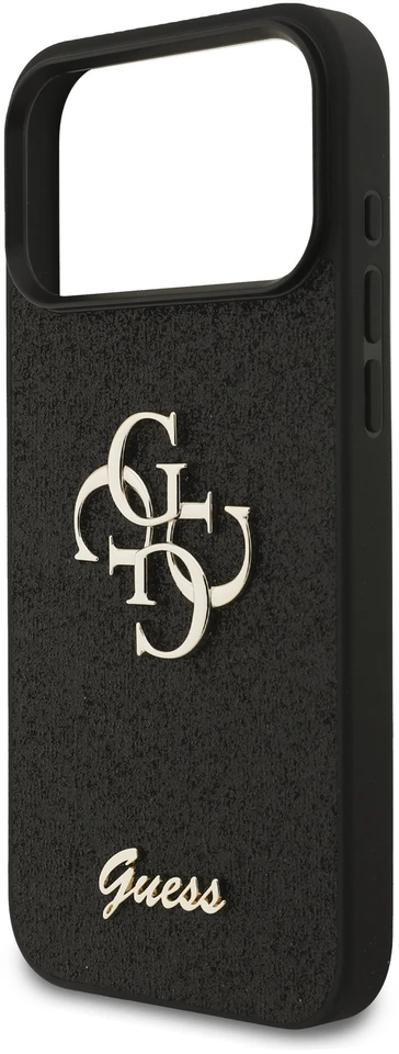 Guess PU fiksuotas blizgučių 4G metalinis logotipo dėklas, skirtas iPhone 18 Pro Max, juodas