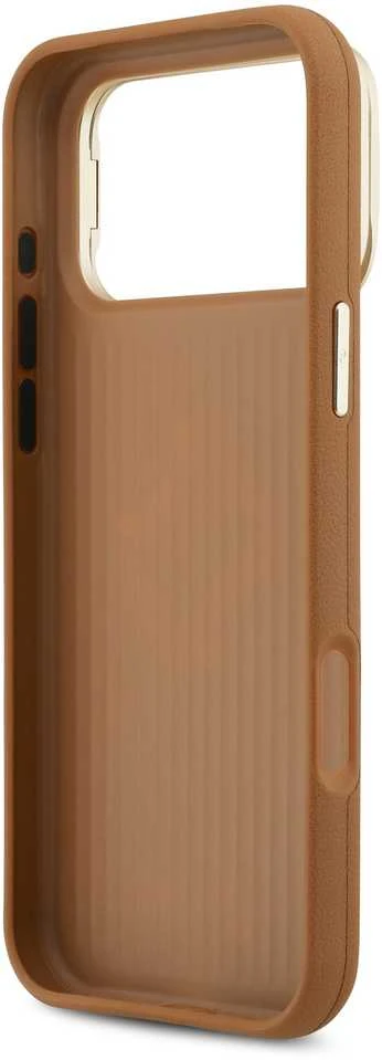 Guess PU Grained 4G Logo Stand Camera Frame dėklas skirtas Apple iPhone 17 Pro Max rudos spalvos
