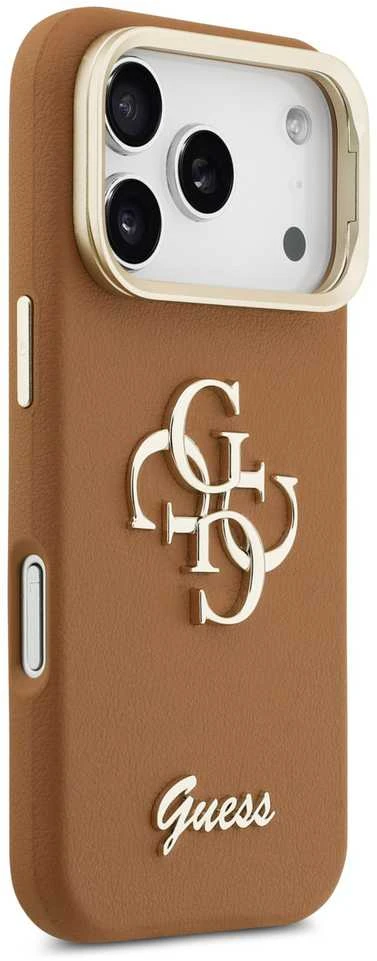 Guess PU Grained 4G Logo Stand Camera Frame dėklas skirtas Apple iPhone 17 Pro rudos spalvos