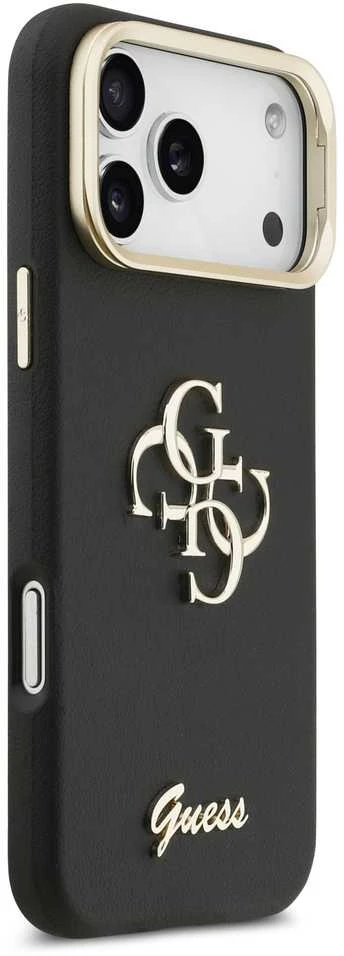 Guess PU Grained 4G Logo Stand Camera Frame dėklas skirtas Apple iPhone 17 Pro Max juodos spalvos