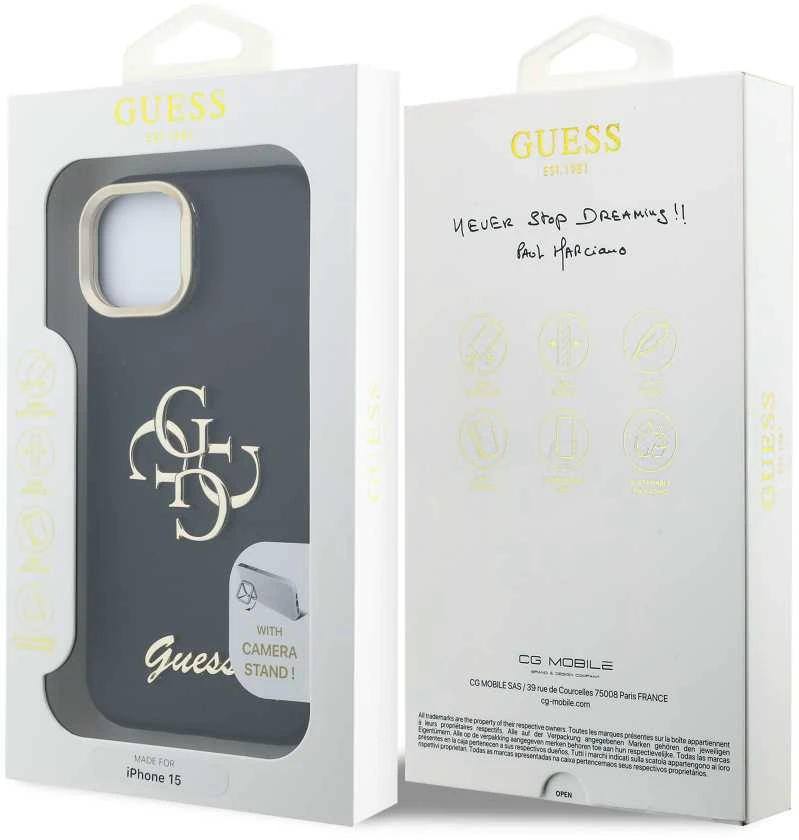 Guess PU Grained 4G Logo Stand Camera Frame dėklas skirtas Apple iPhone 15 juodos spalvos