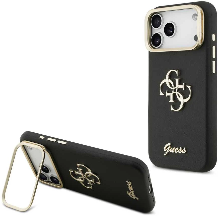 Guess PU Grained 4G Logo Stand Camera Frame dėklas skirtas Apple iPhone 17 Pro Max juodos spalvos