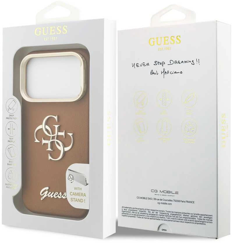Guess PU Grained 4G Logo Stand Camera Frame dėklas skirtas Apple iPhone 17 Pro rudos spalvos