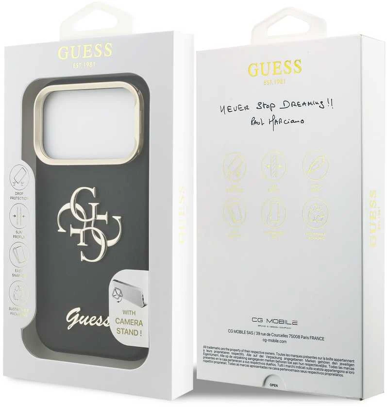 Guess PU Grained 4G Logo Stand Camera Frame dėklas skirtas Apple iPhone 17 Pro juodos spalvos