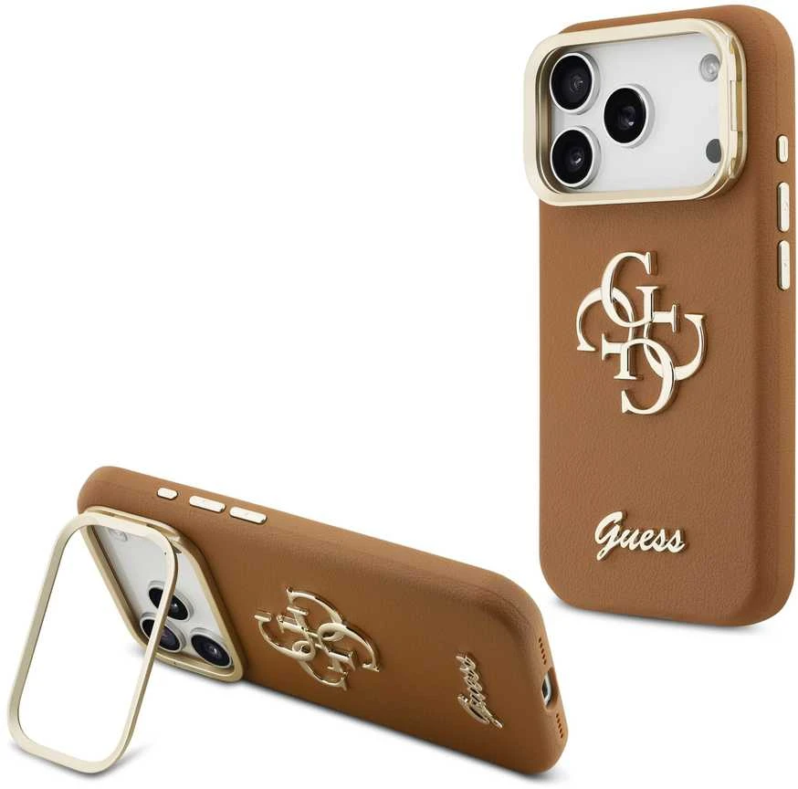 Guess PU Grained 4G Logo Stand Camera Frame dėklas skirtas Apple iPhone 17 Pro rudos spalvos