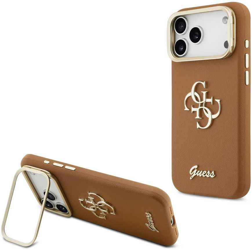 Guess PU Grained 4G Logo Stand Camera Frame dėklas skirtas Apple iPhone 17 Pro Max rudos spalvos