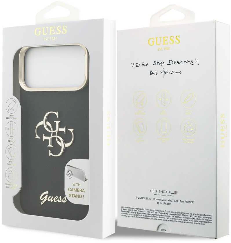 Guess PU Grained 4G Logo Stand Camera Frame dėklas skirtas Apple iPhone 17 Pro Max juodos spalvos