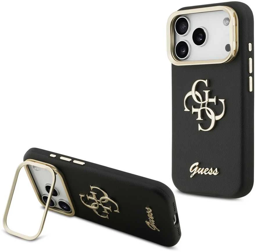 Guess PU Grained 4G Logo Stand Camera Frame dėklas skirtas Apple iPhone 17 Pro juodos spalvos