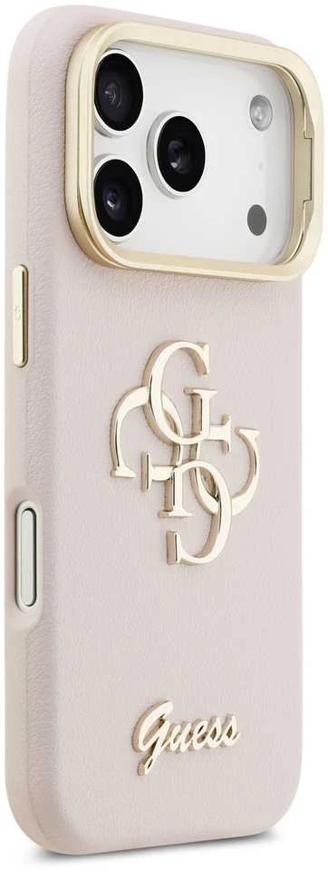 Guess PU Grained 4G Logo Stand Camera Frame dėklas skirtas Apple iPhone 17 Pro rožinės spalvos