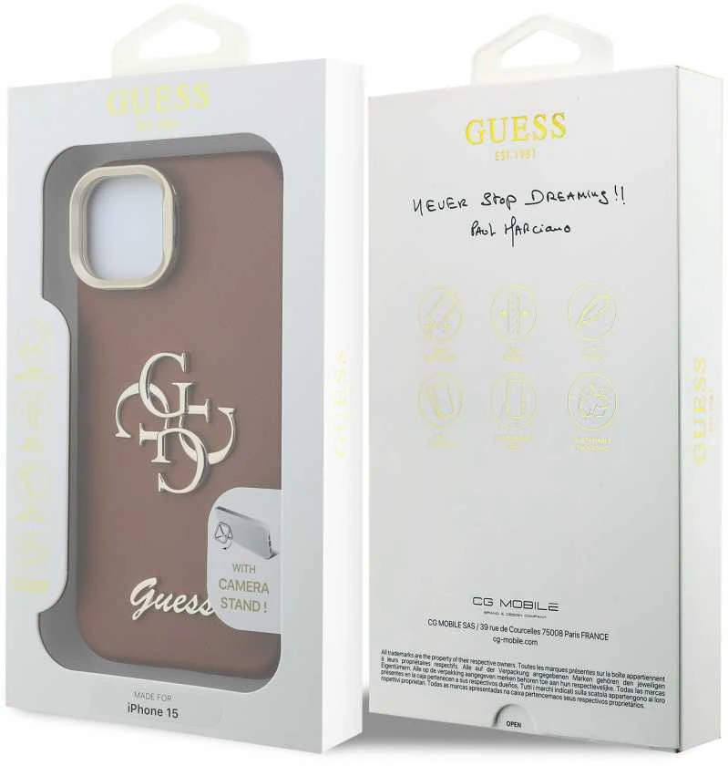 Guess PU Grained 4G Logo Stand Camera Frame dėklas skirtas Apple iPhone 13 rudos spalvos